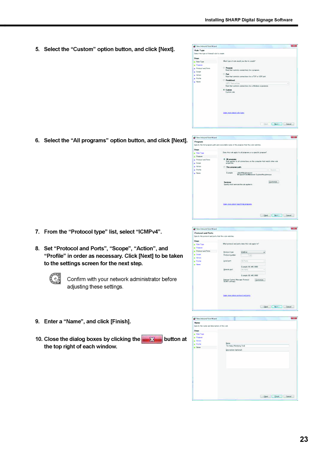 Sharp PNSV01 operation manual Top right of each window, Button at 