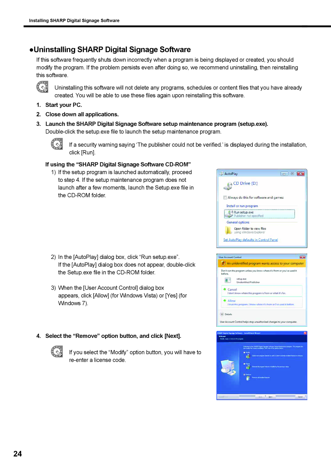 Sharp PNSV01 operation manual Uninstalling Sharp Digital Signage Software, Select the Remove option button, and click Next 