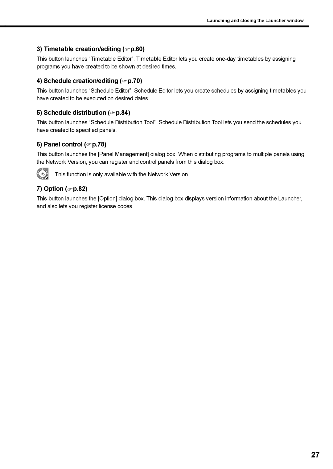 Sharp PNSV01 Timetable creation/editing Fp.60, Schedule creation/editing Fp.70, Schedule distribution Fp.84, Option Fp.82 