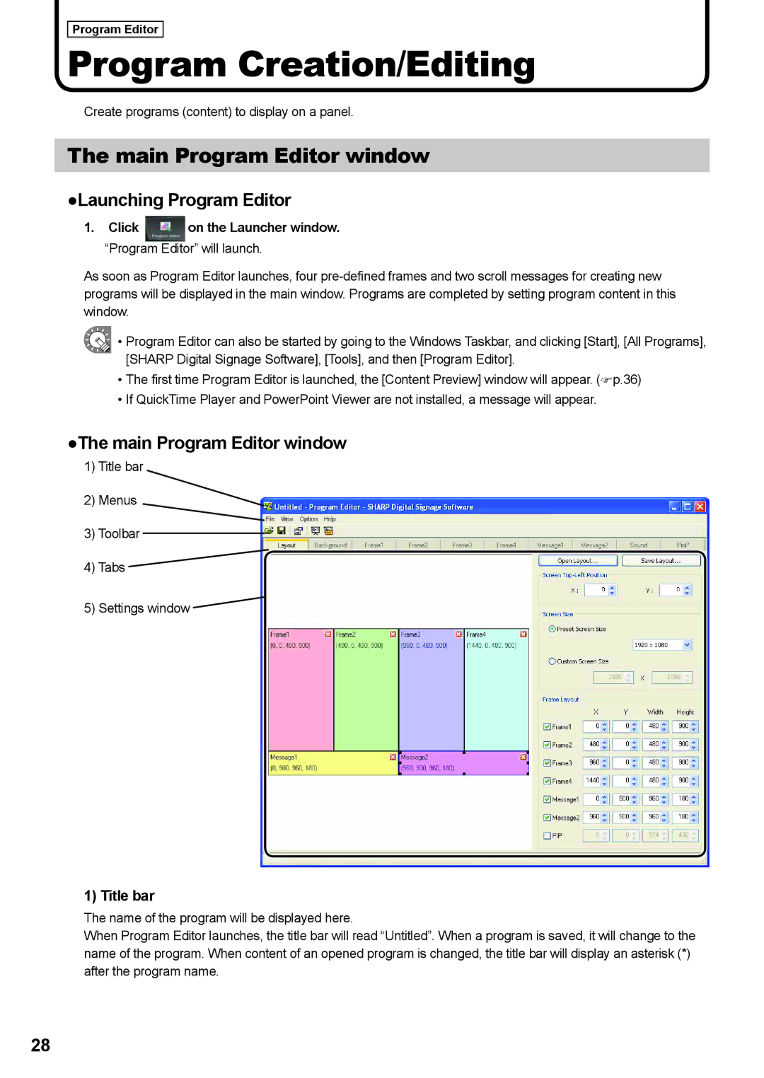 Sharp PNSV01 operation manual Program Creation/Editing, Main Program Editor window, Launching Program Editor, Title bar 