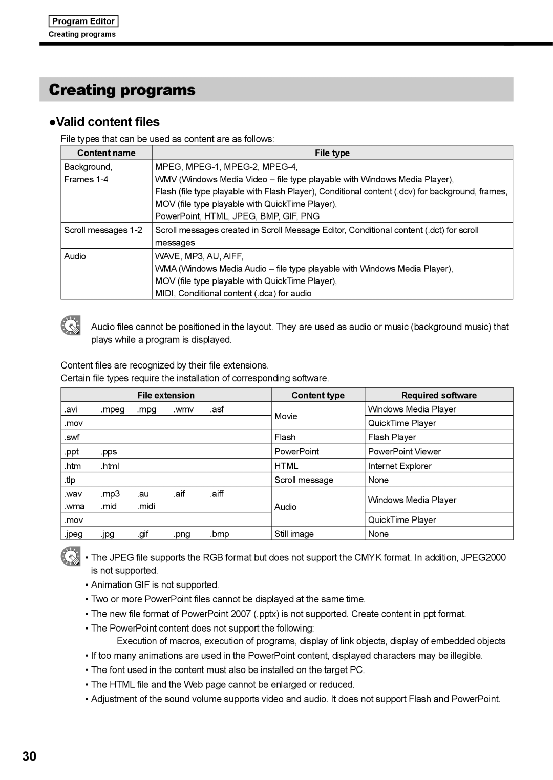 Sharp PNSV01 operation manual Creating programs, Valid content files, File types that can be used as content are as follows 