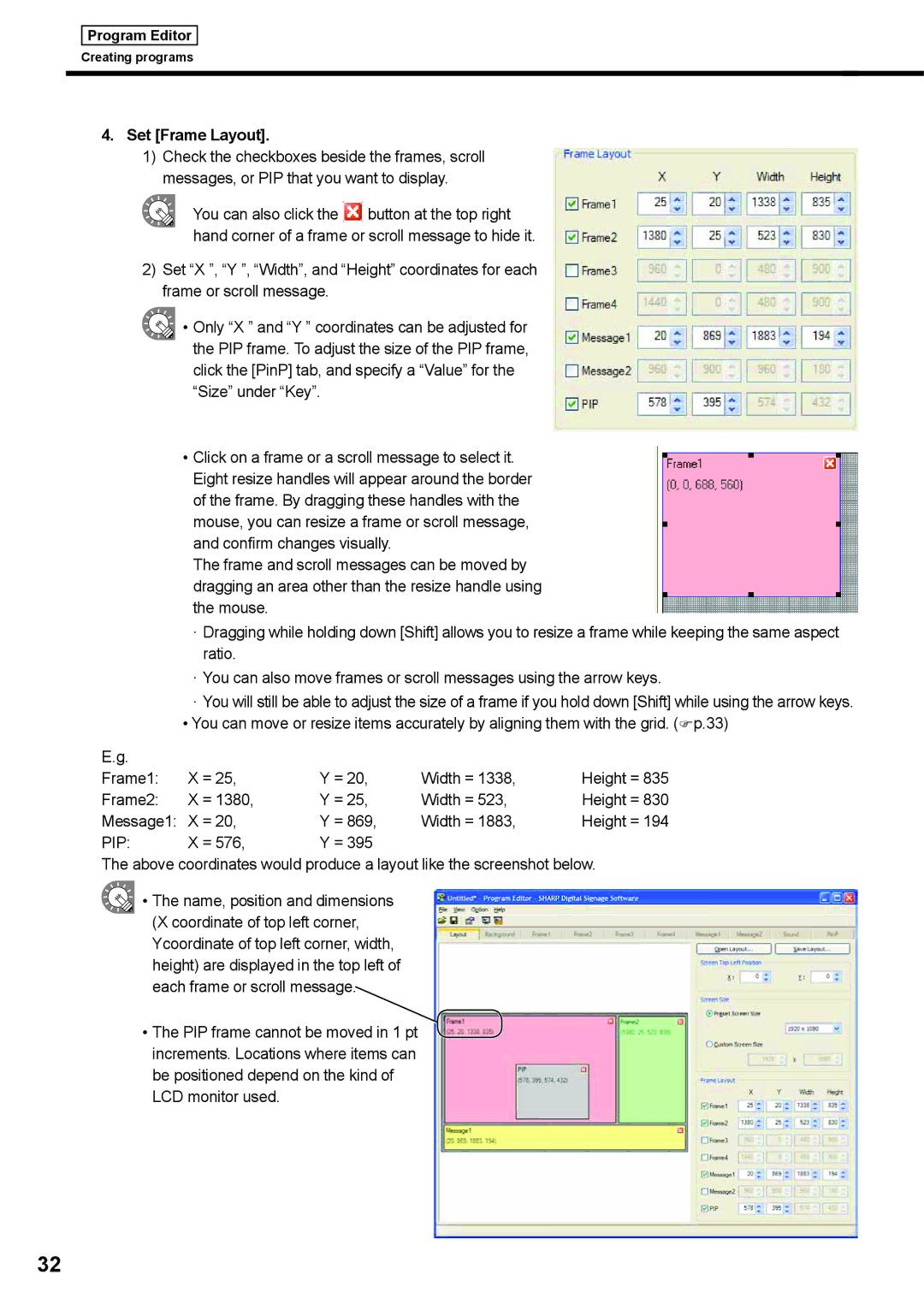 Sharp PNSV01 operation manual Set Frame Layout, Frame2 Width =, Message1 Width = 