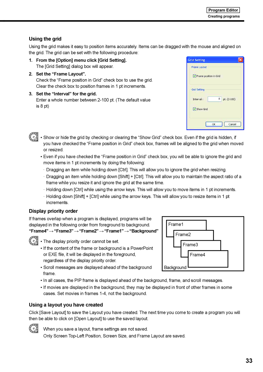 Sharp PNSV01 Using the grid, Display priority order, Using a layout you have created, Set the Interval for the grid 