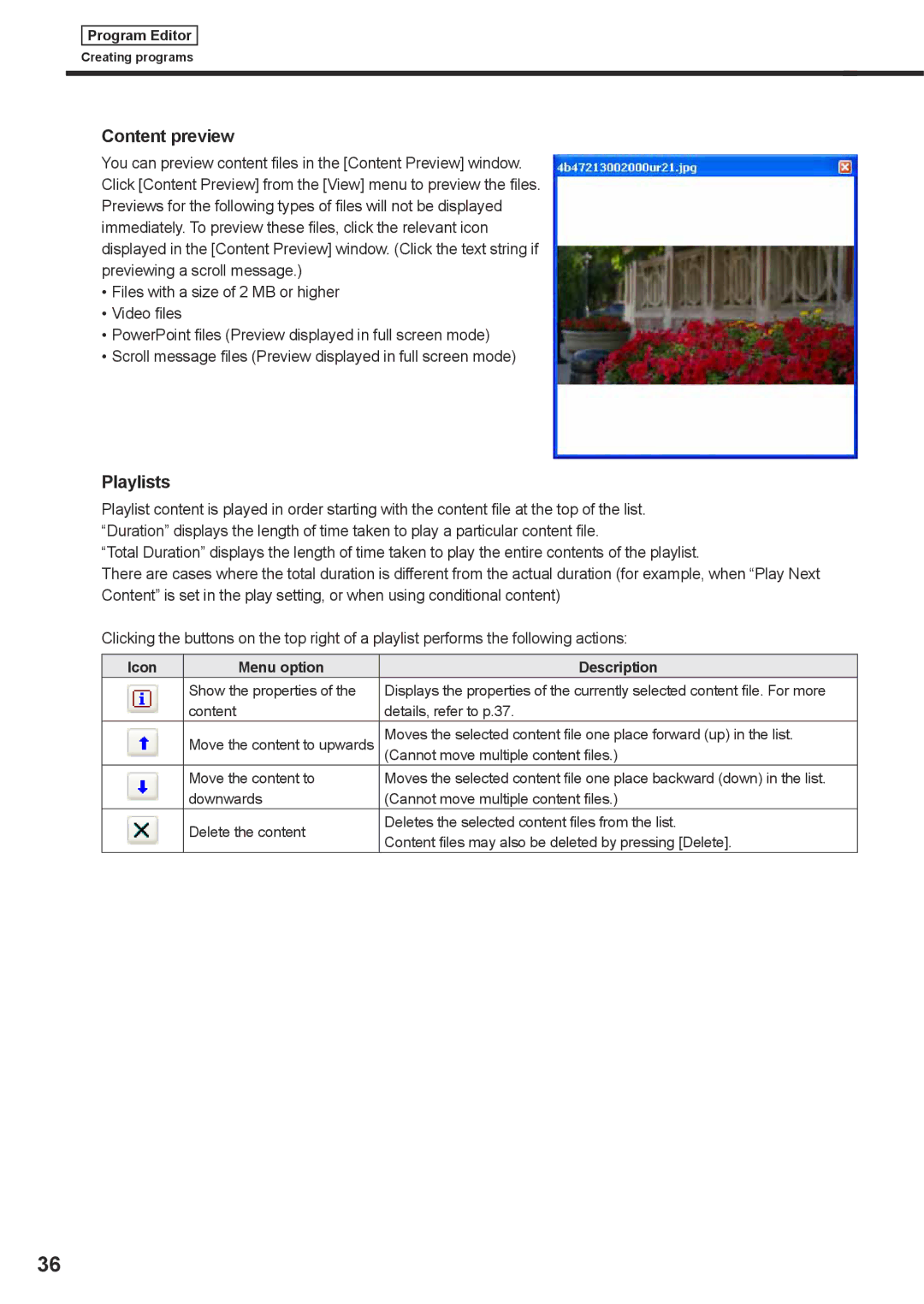 Sharp PNSV01 operation manual Content preview, Playlists, Icon Menu option Description 