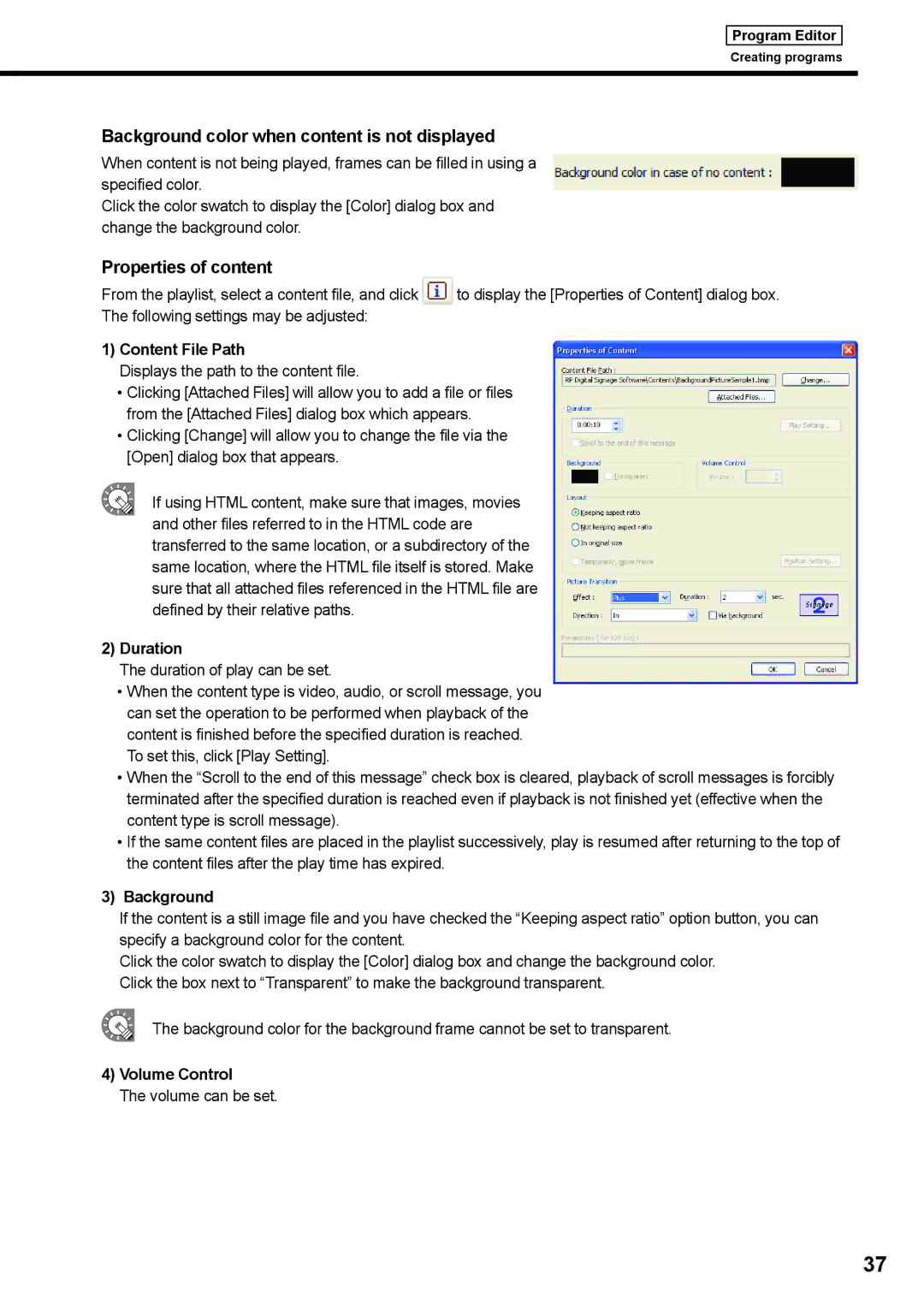 Sharp PNSV01 operation manual Background color when content is not displayed, Properties of content 