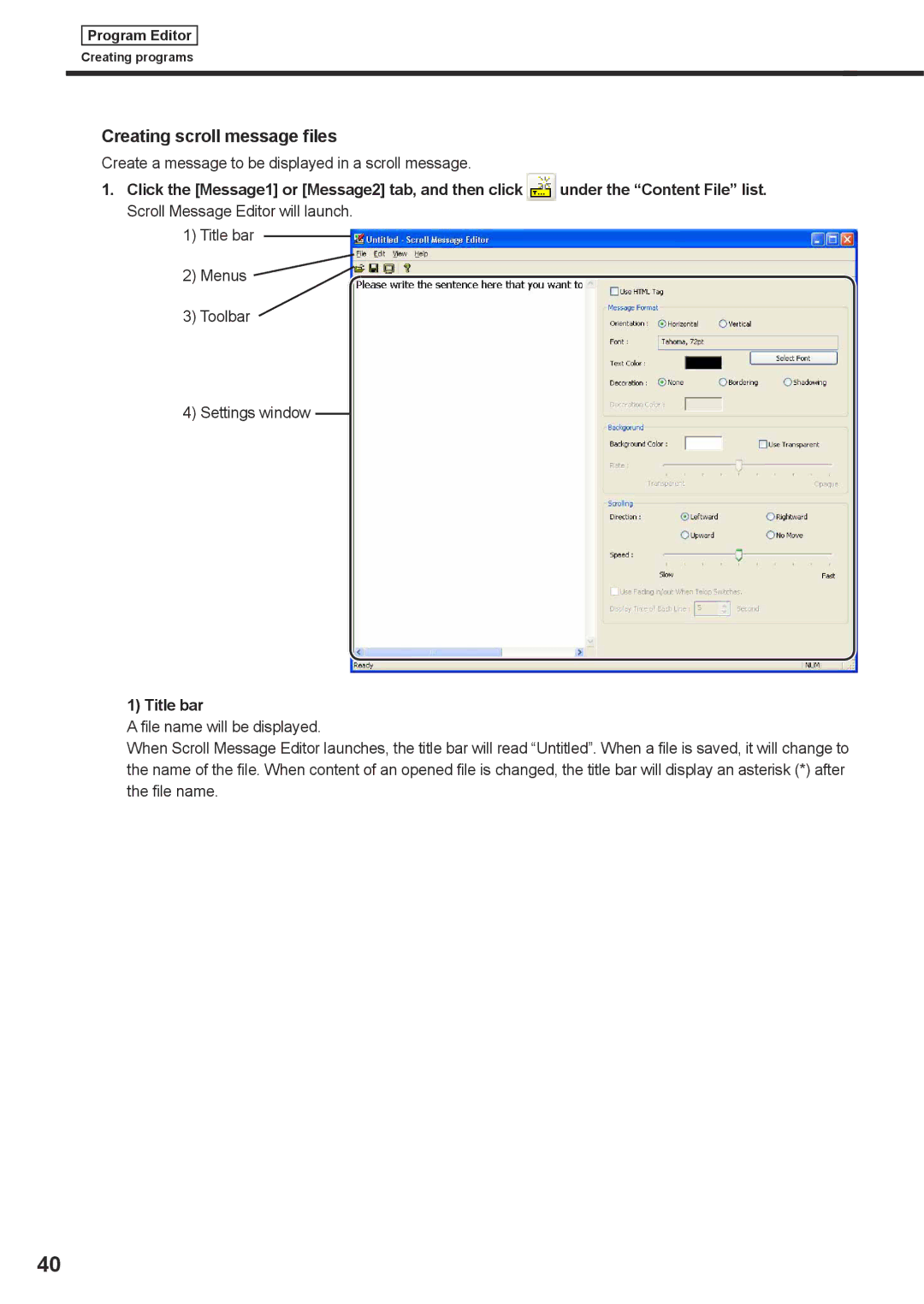 Sharp PNSV01 Creating scroll message files, Create a message to be displayed in a scroll message, Title bar 