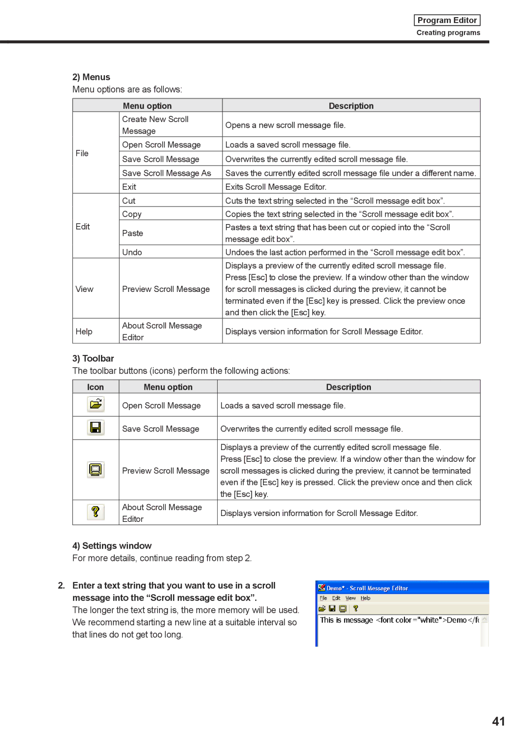 Sharp PNSV01 operation manual Menus, Toolbar buttons icons perform the following actions, Settings window 