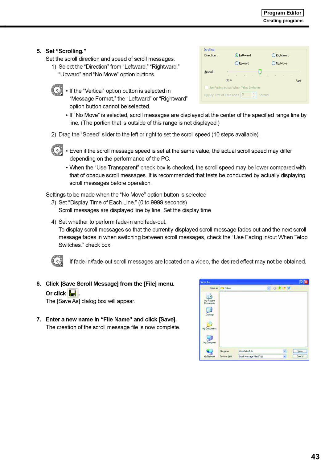 Sharp PNSV01 Set Scrolling, Set the scroll direction and speed of scroll messages, Save As dialog box will appear 