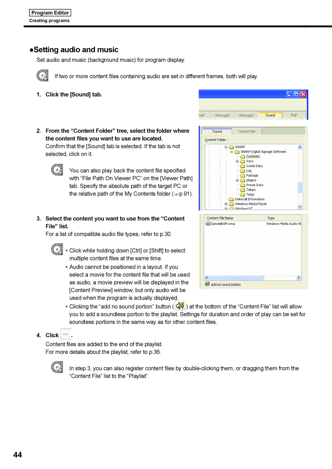 Sharp PNSV01 operation manual Setting audio and music, Click 