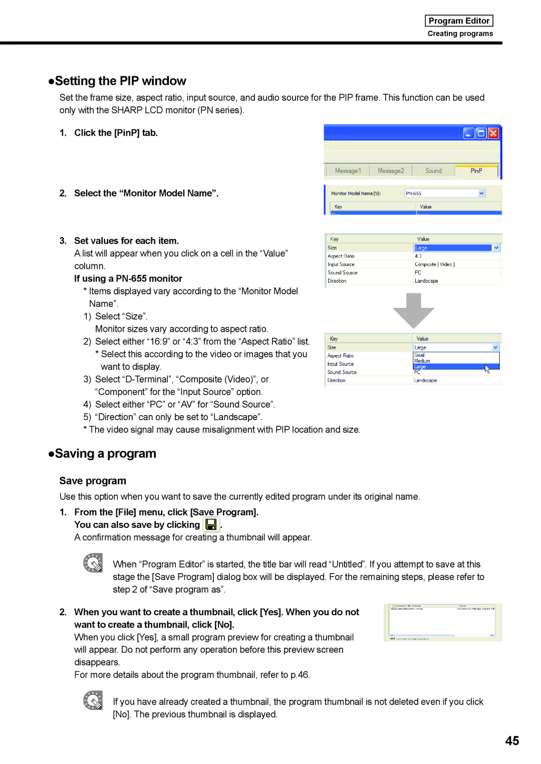 Sharp PNSV01 operation manual Setting the PIP window, Saving a program, Save program, If using a PN-655 monitor 