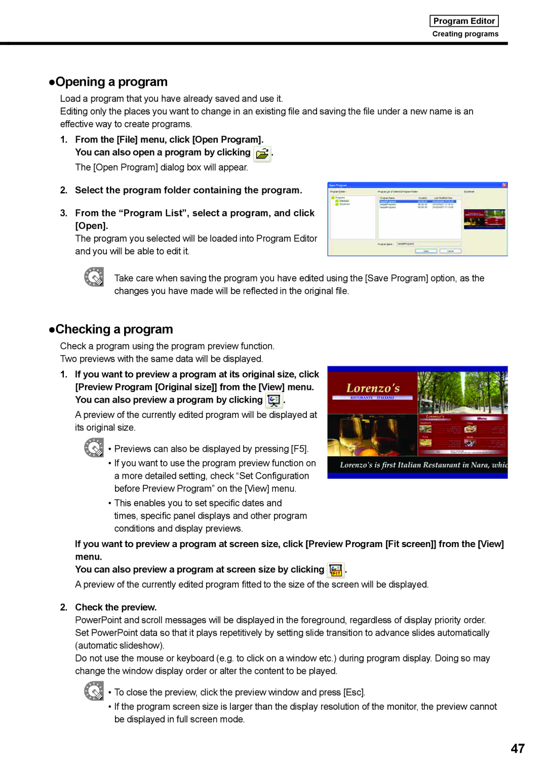 Sharp PNSV01 operation manual Opening a program, Checking a program, Open Program dialog box will appear, Check the preview 