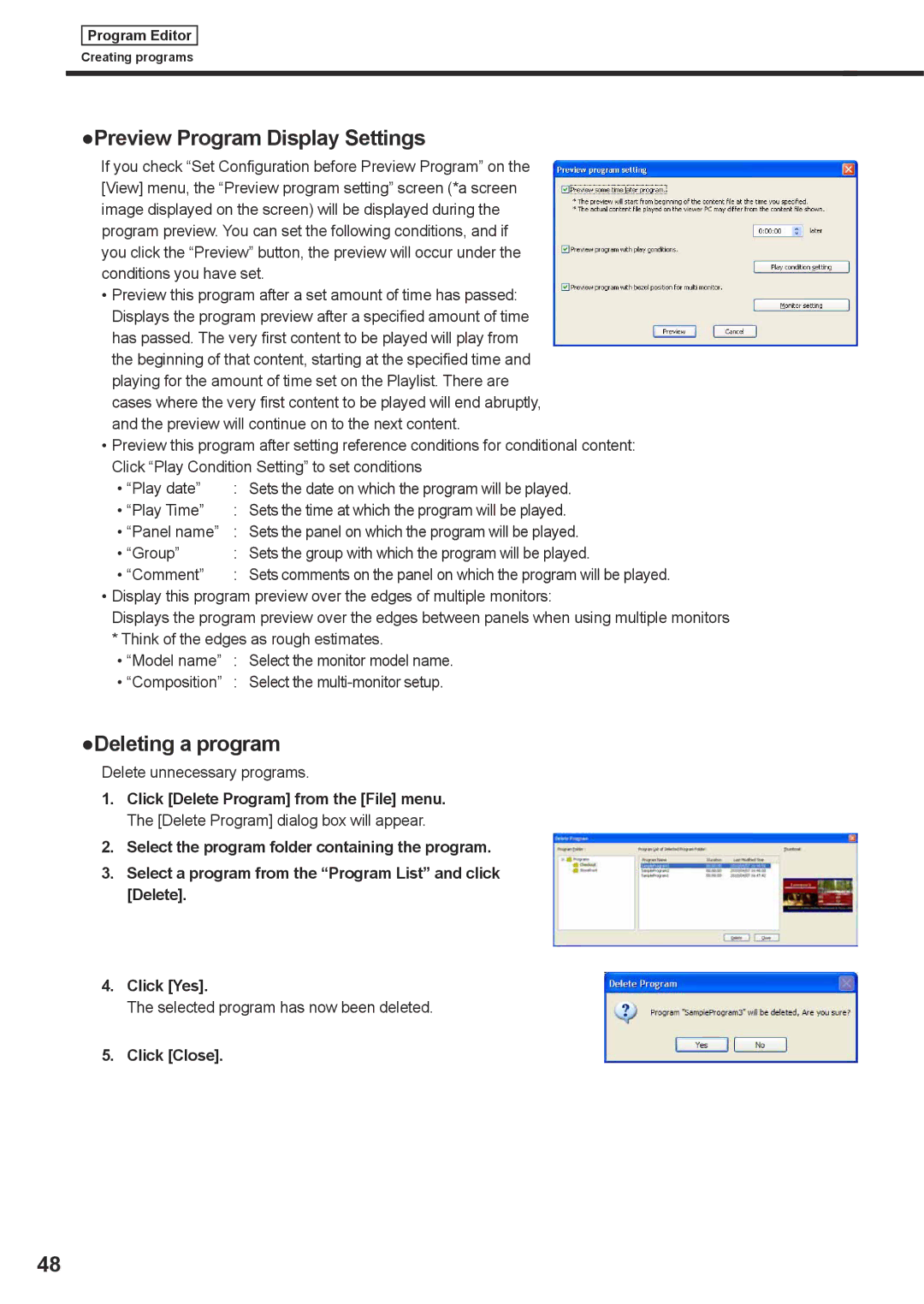 Sharp PNSV01 operation manual Preview Program Display Settings, Deleting a program, Click Close 