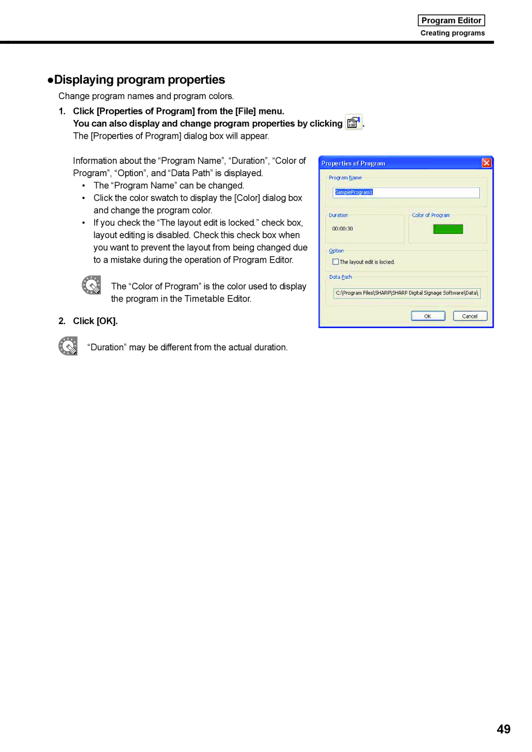 Sharp PNSV01 operation manual Displaying program properties, Change program names and program colors 