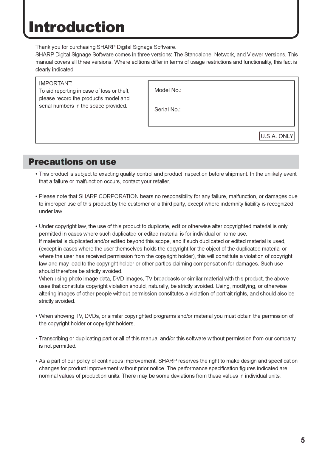 Sharp PNSV01 operation manual Introduction, Precautions on use, Model No Serial No 