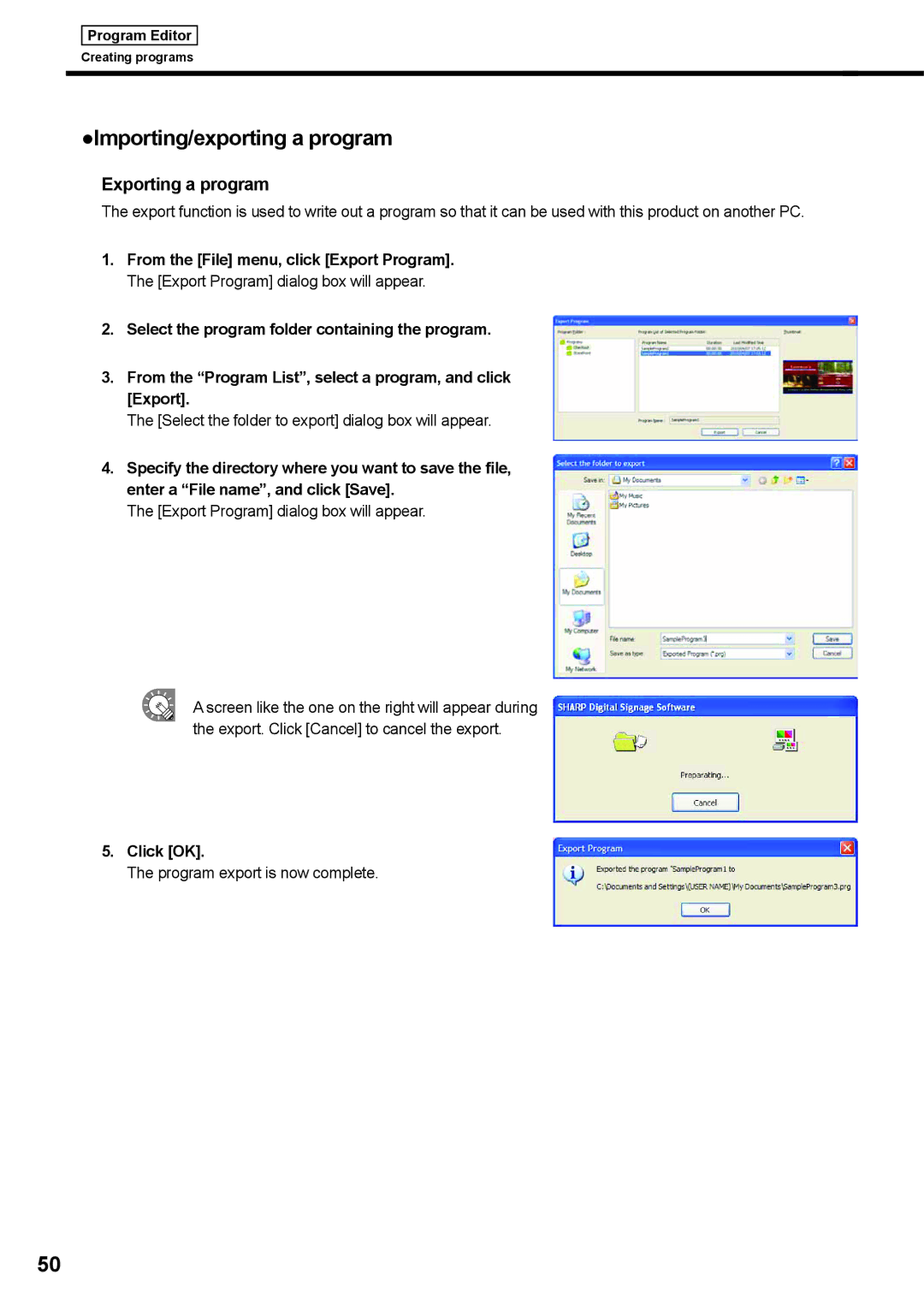 Sharp PNSV01 Importing/exporting a program, Exporting a program, Select the folder to export dialog box will appear 