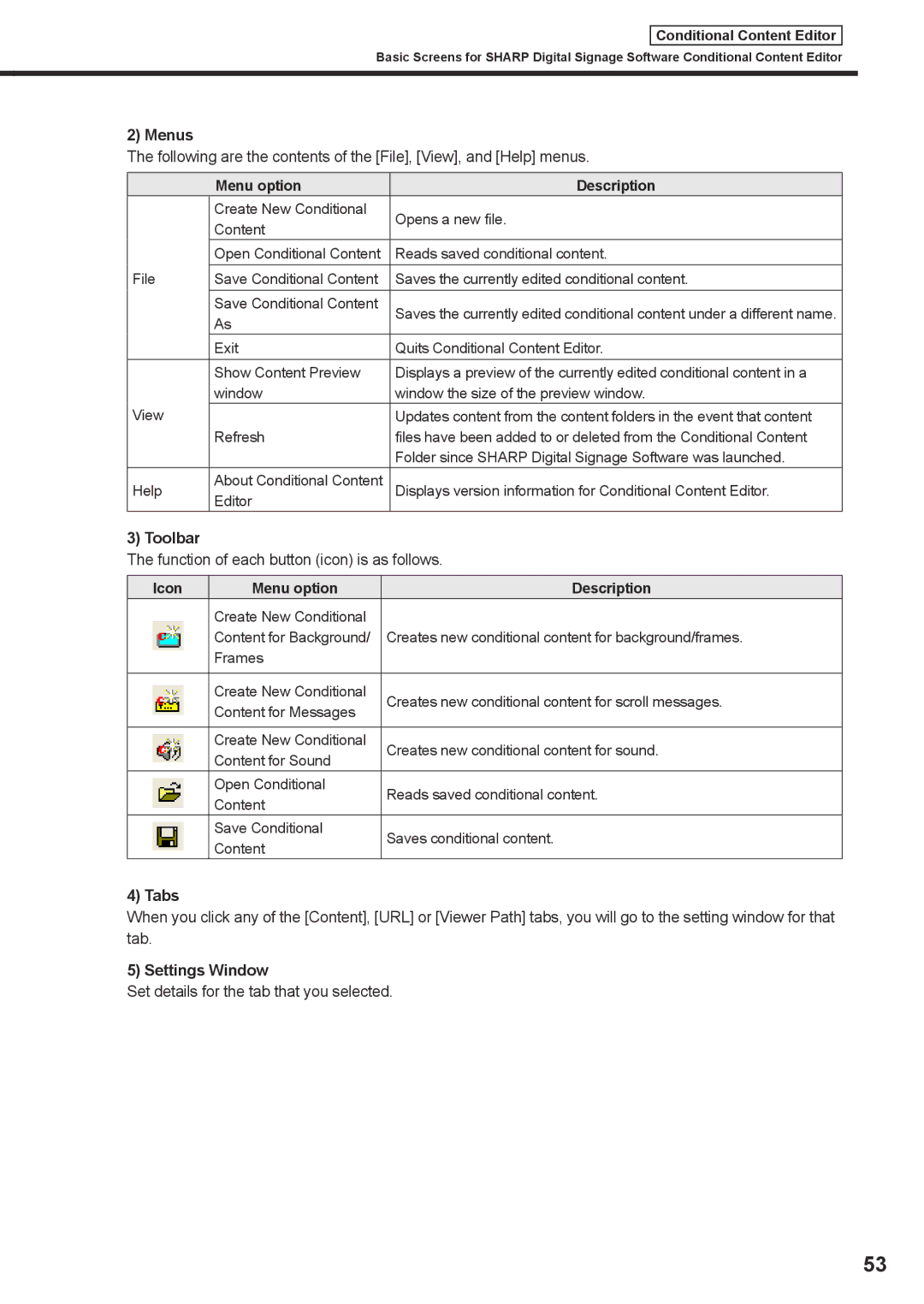 Sharp PNSV01 operation manual Function of each button icon is as follows, Tabs, Set details for the tab that you selected 