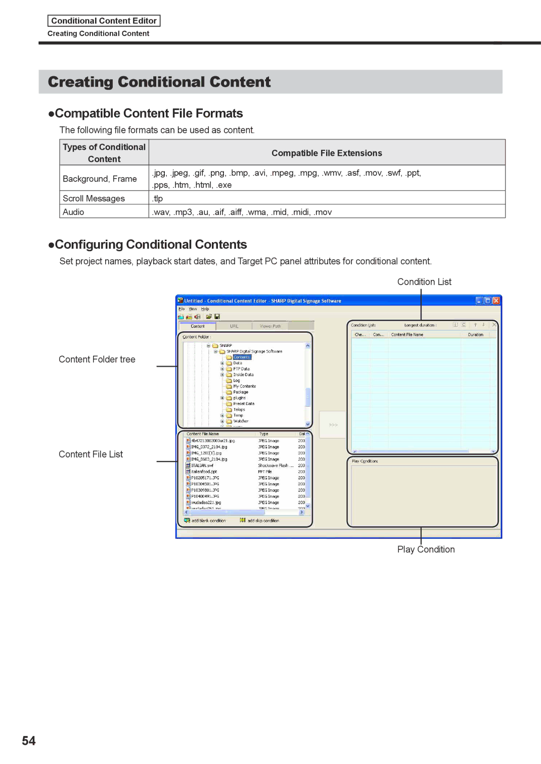 Sharp PNSV01 Creating Conditional Content, Compatible Content File Formats, Configuring Conditional Contents 