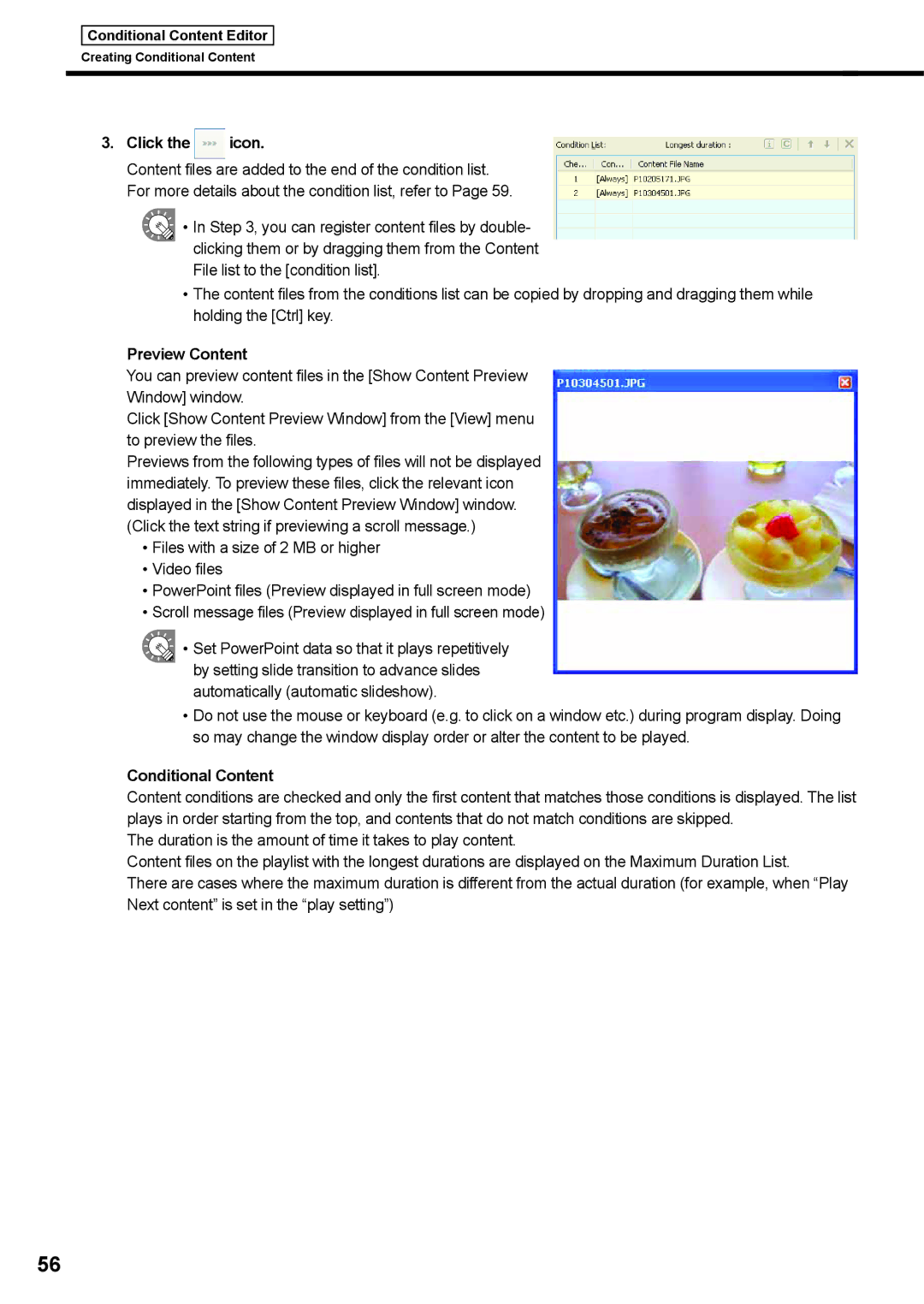 Sharp PNSV01 operation manual Click the icon, Preview Content, Conditional Content 