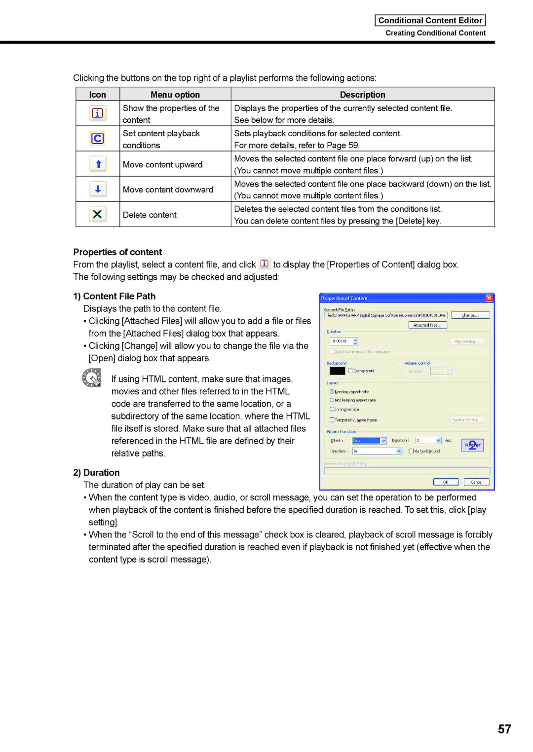 Sharp PNSV01 operation manual Properties of content, Icon Menu option Description 