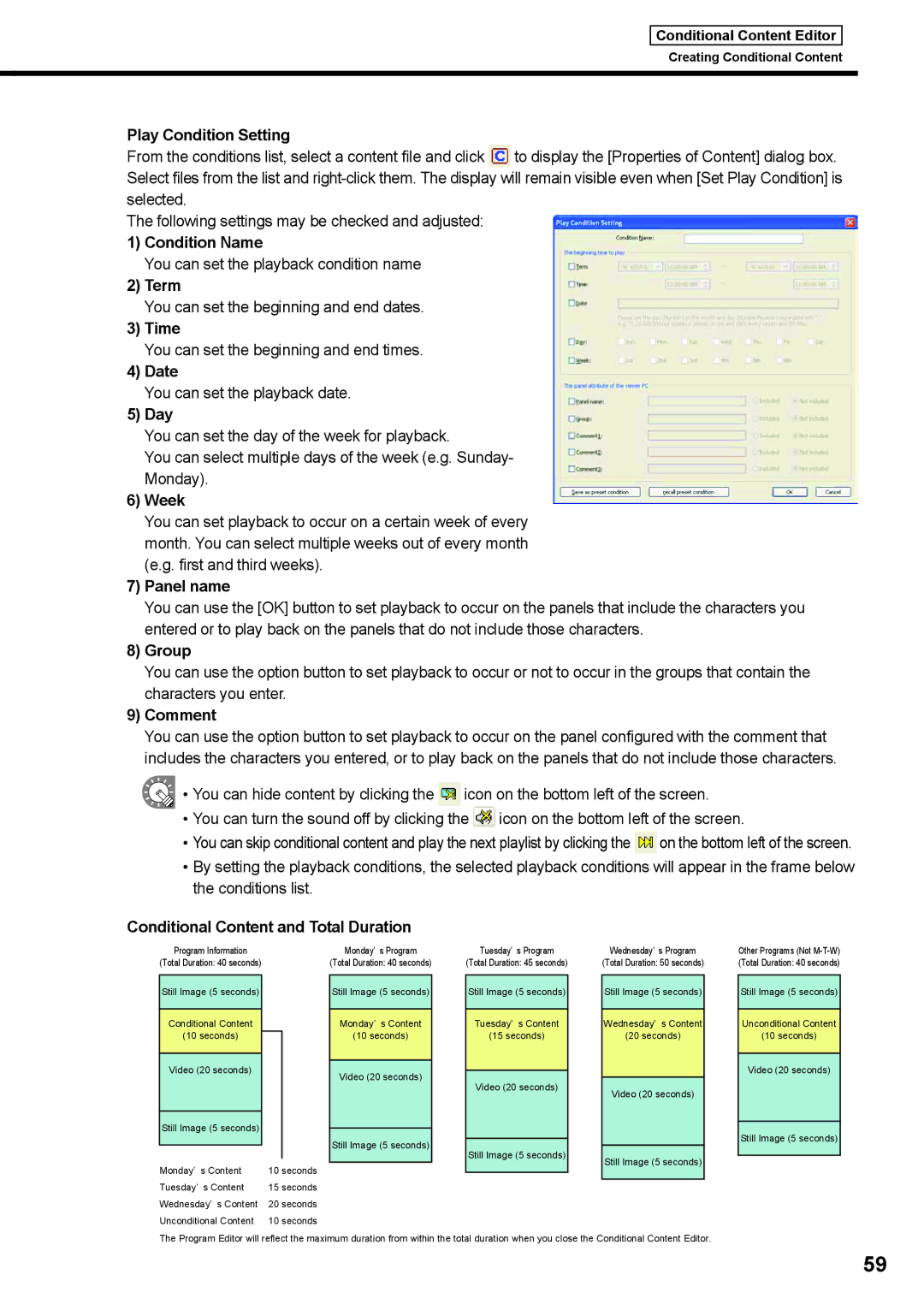 Sharp PNSV01 Play Condition Setting, Condition Name, Term, Time, Date, Day, Week, Panel name, Group, Comment 