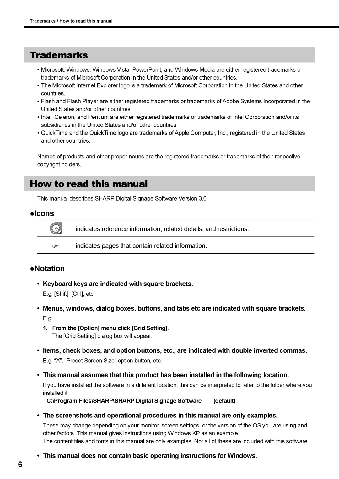 Sharp PNSV01 Trademarks, How to read this manual, Icons, Notation, Keyboard keys are indicated with square brackets 