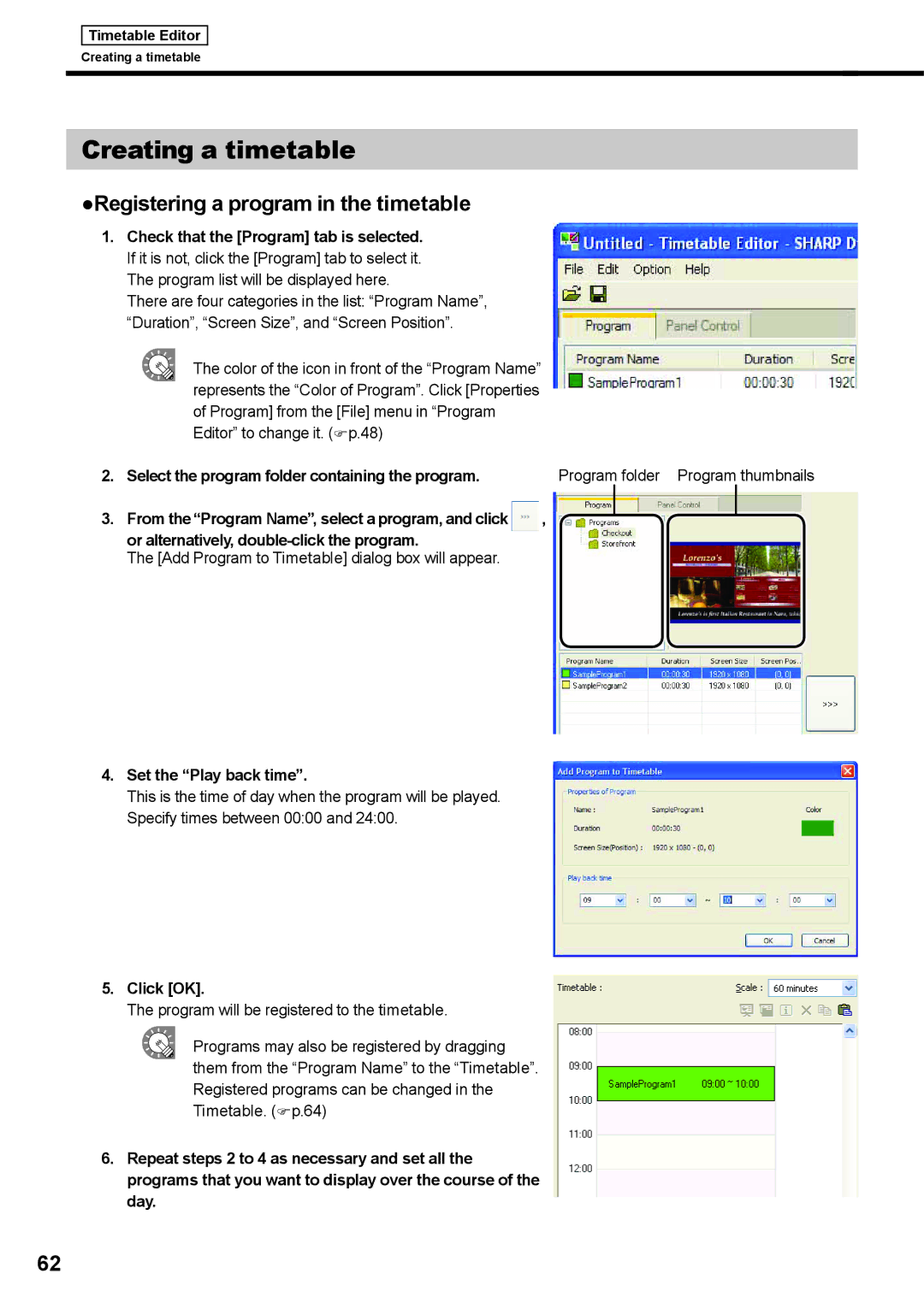 Sharp PNSV01 Creating a timetable, Registering a program in the timetable, Or alternatively, double-click the program 