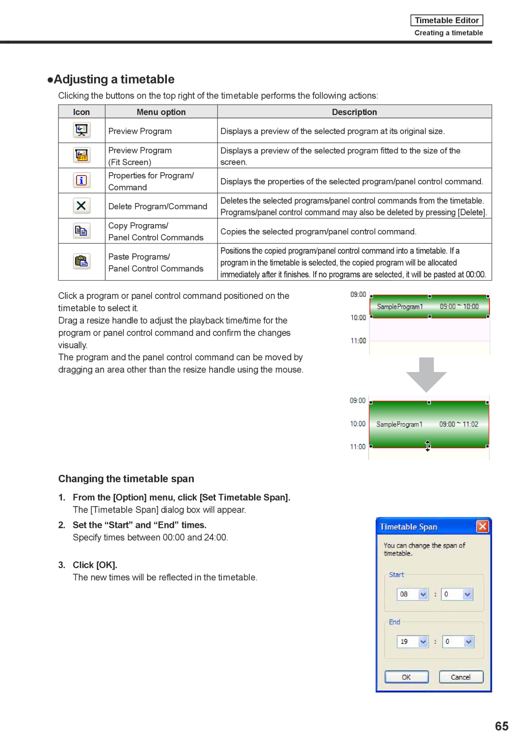 Sharp PNSV01 Adjusting a timetable, Changing the timetable span, New times will be reflected in the timetable 