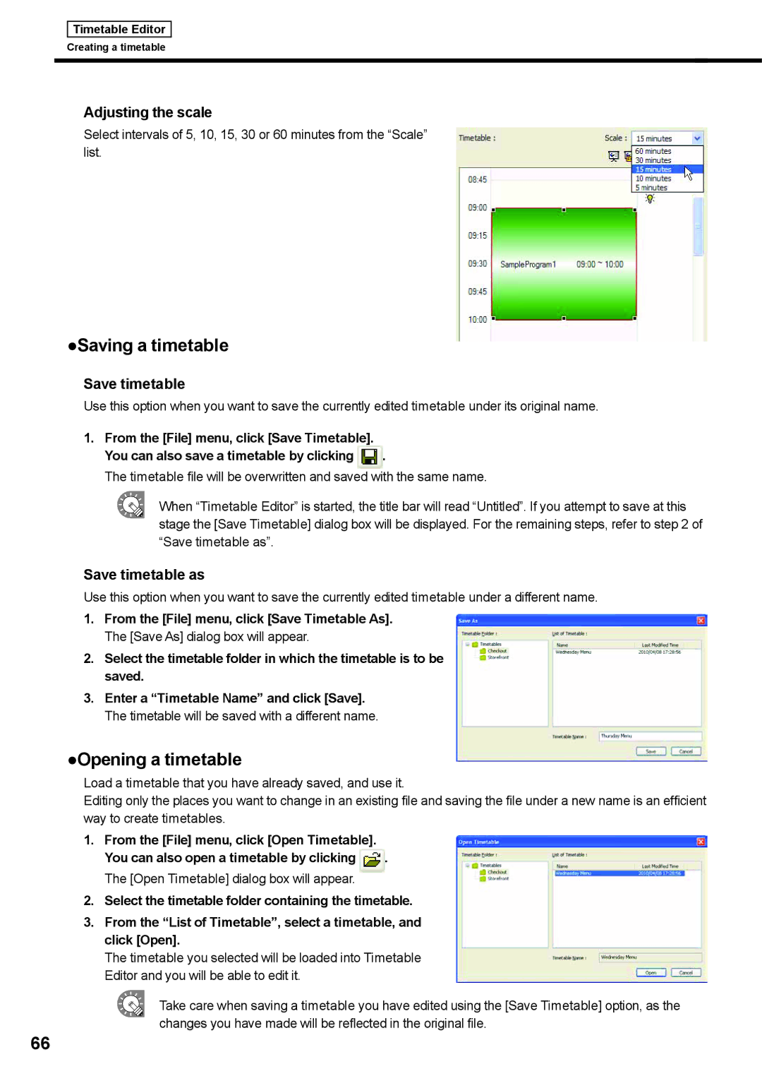 Sharp PNSV01 operation manual Saving a timetable, Opening a timetable, Adjusting the scale, Save timetable as 