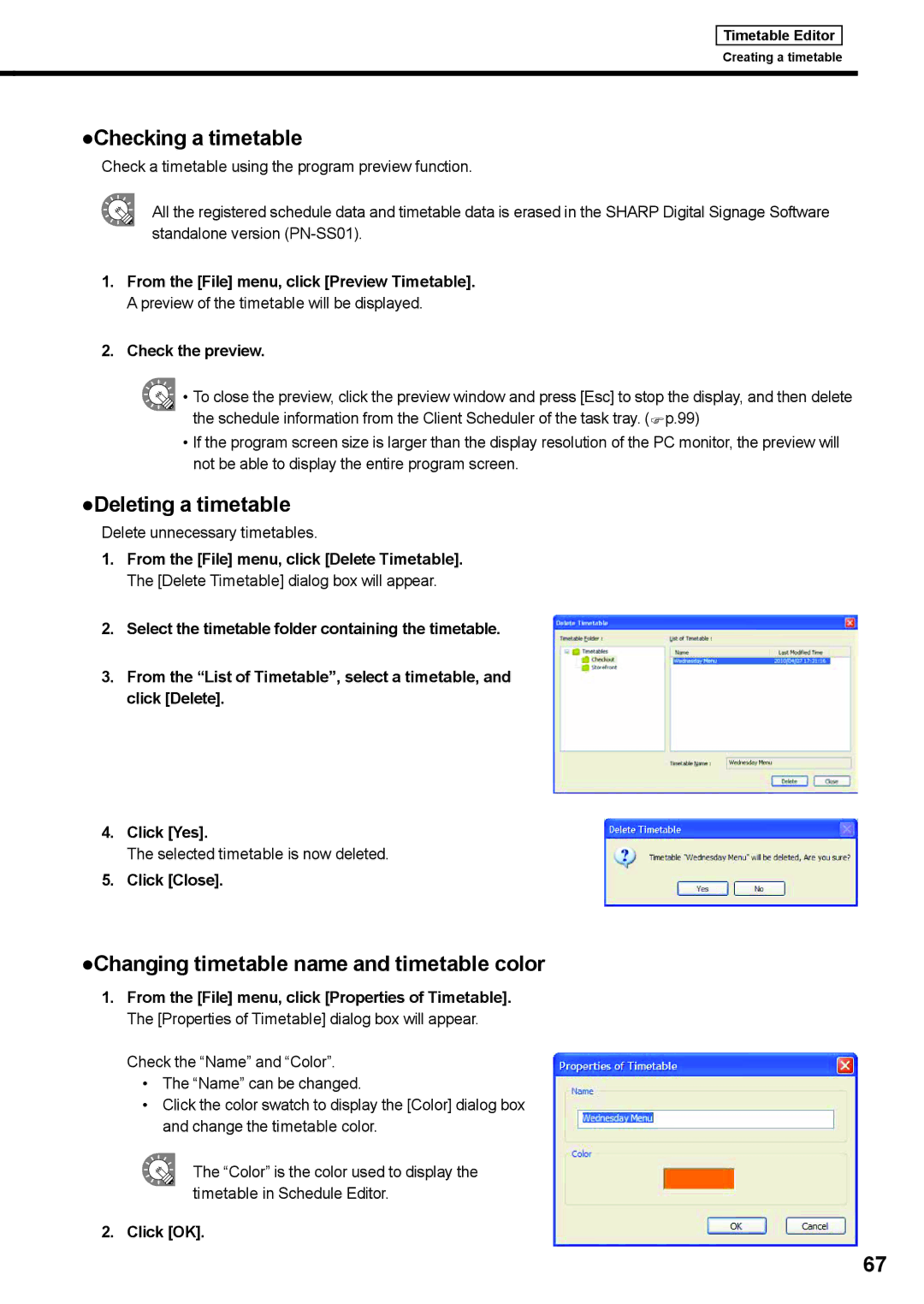 Sharp PNSV01 operation manual Checking a timetable, Deleting a timetable, Changing timetable name and timetable color 