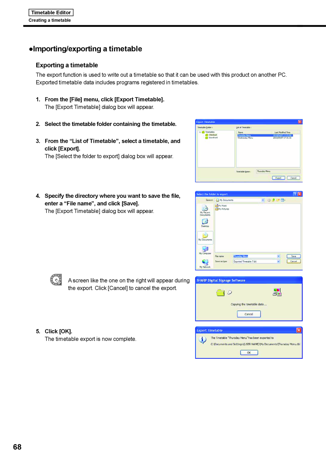 Sharp PNSV01 Importing/exporting a timetable, Exporting a timetable, Export Timetable dialog box will appear 