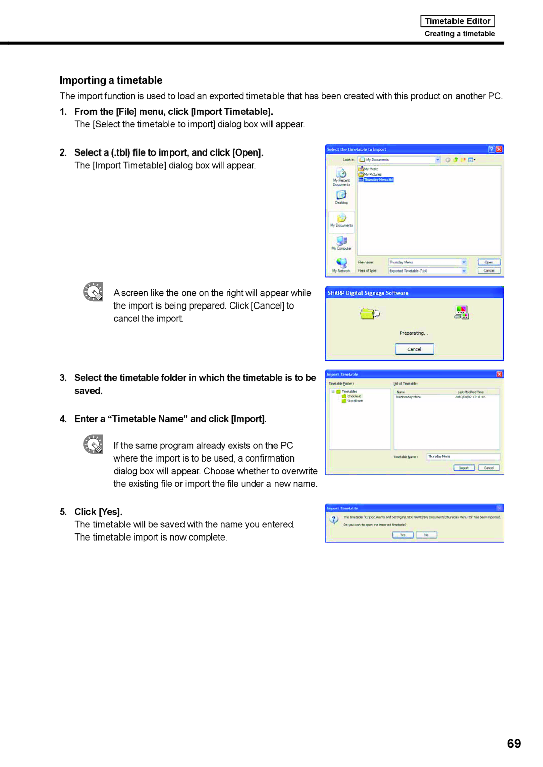 Sharp PNSV01 operation manual Importing a timetable, From the File menu, click Import Timetable 