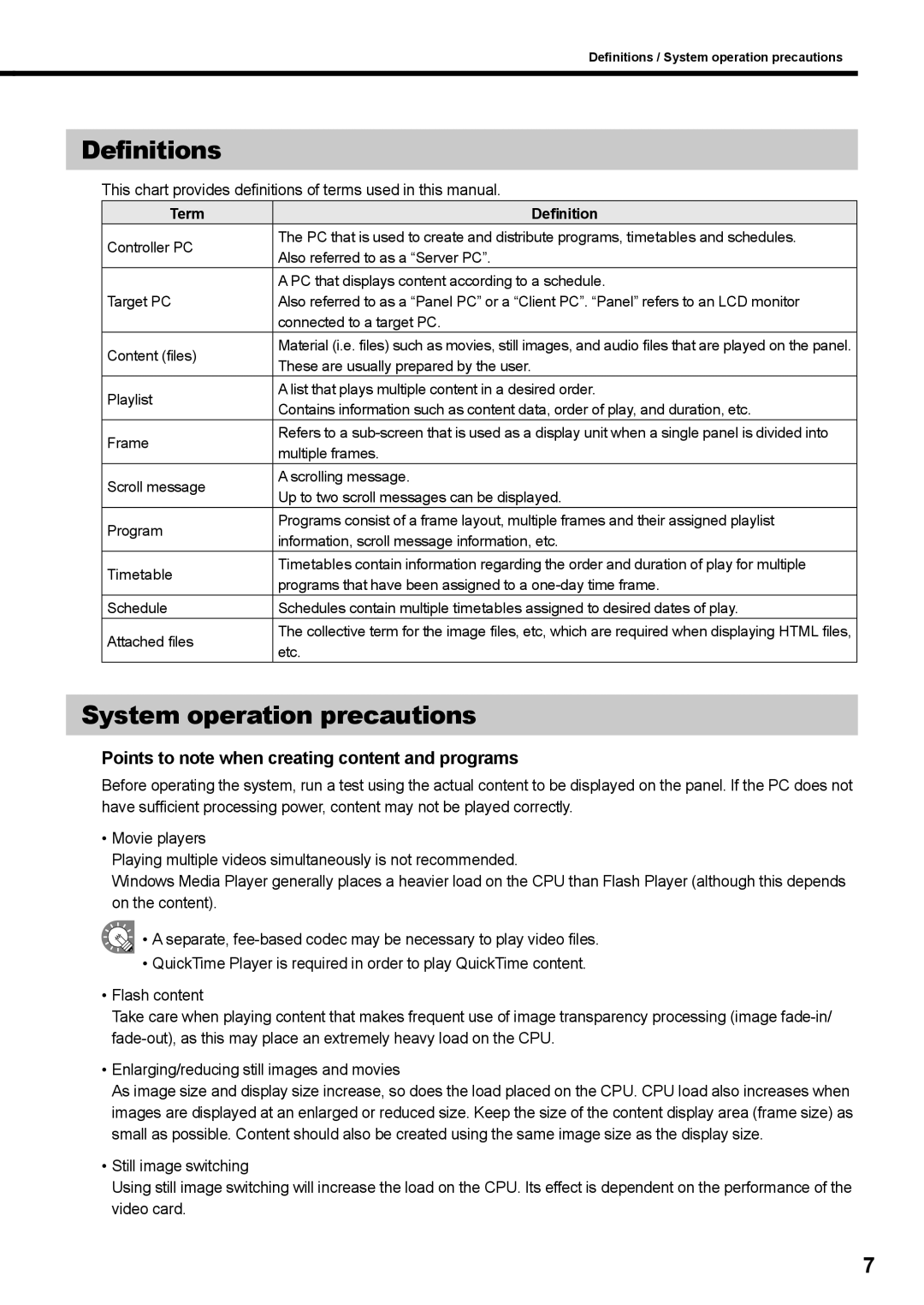 Sharp PNSV01 Definitions, System operation precautions, Points to note when creating content and programs, Term Definition 