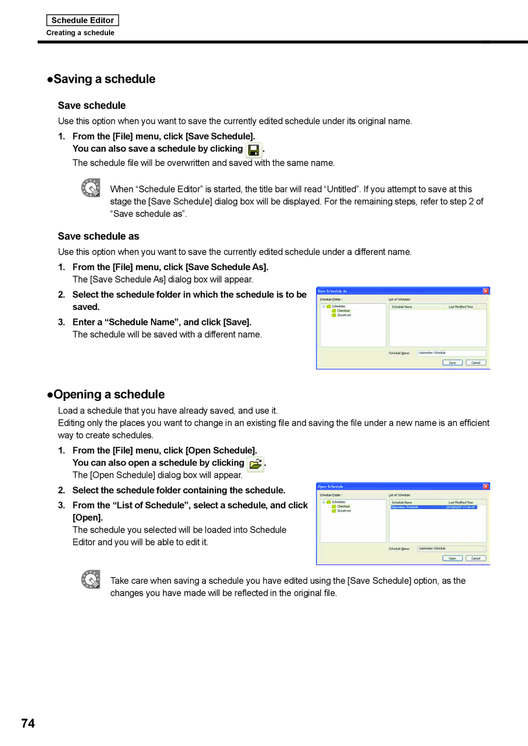 Sharp PNSV01 operation manual Saving a schedule, Opening a schedule, Save schedule as 