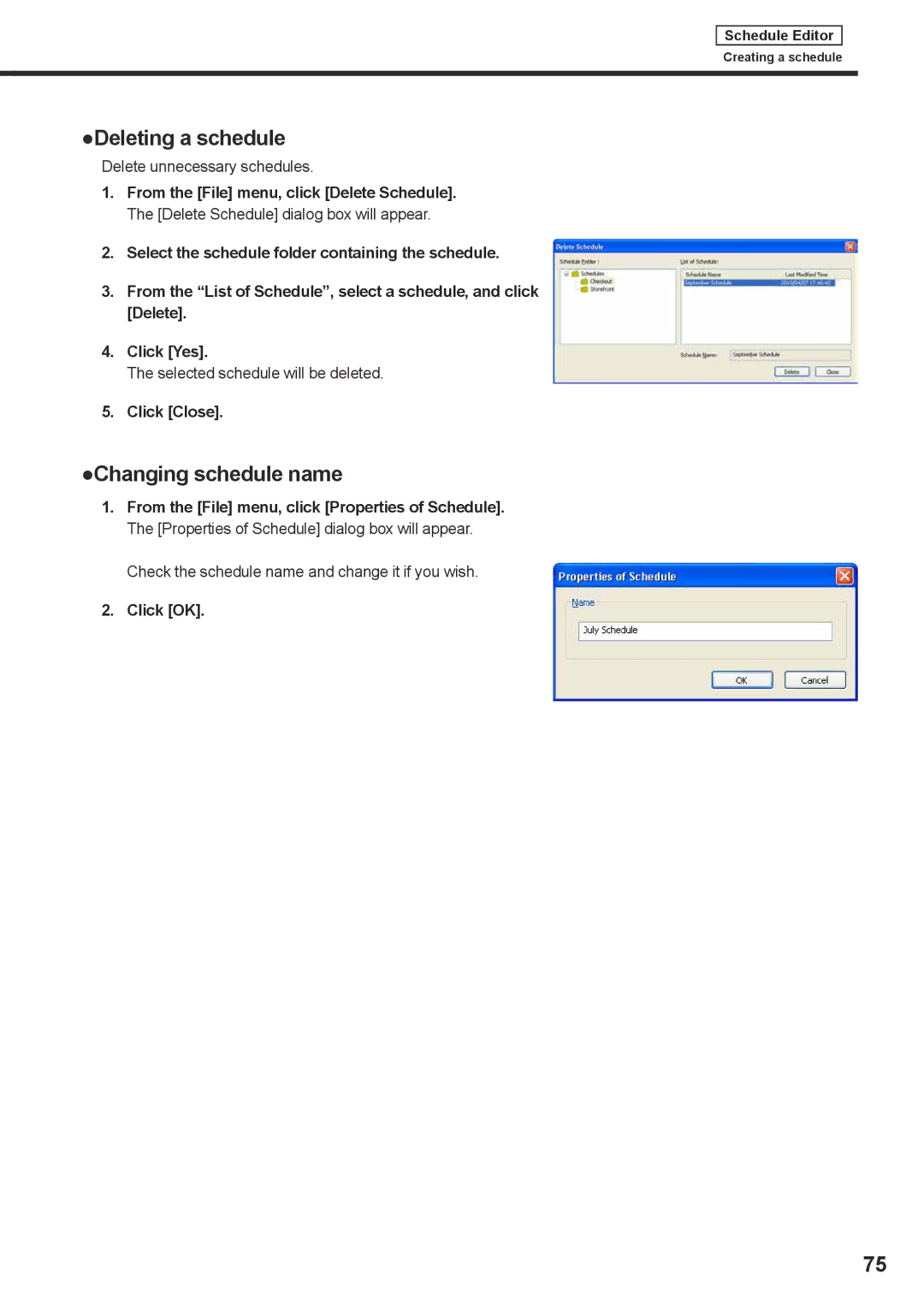 Sharp PNSV01 Deleting a schedule, Changing schedule name, Delete unnecessary schedules, Selected schedule will be deleted 