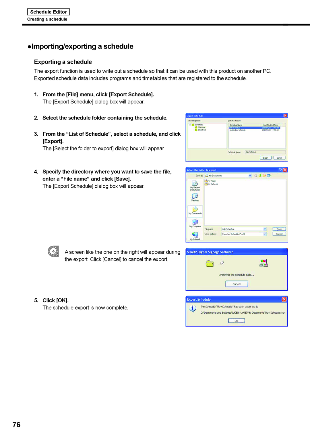 Sharp PNSV01 operation manual Importing/exporting a schedule, Exporting a schedule, Export Schedule dialog box will appear 