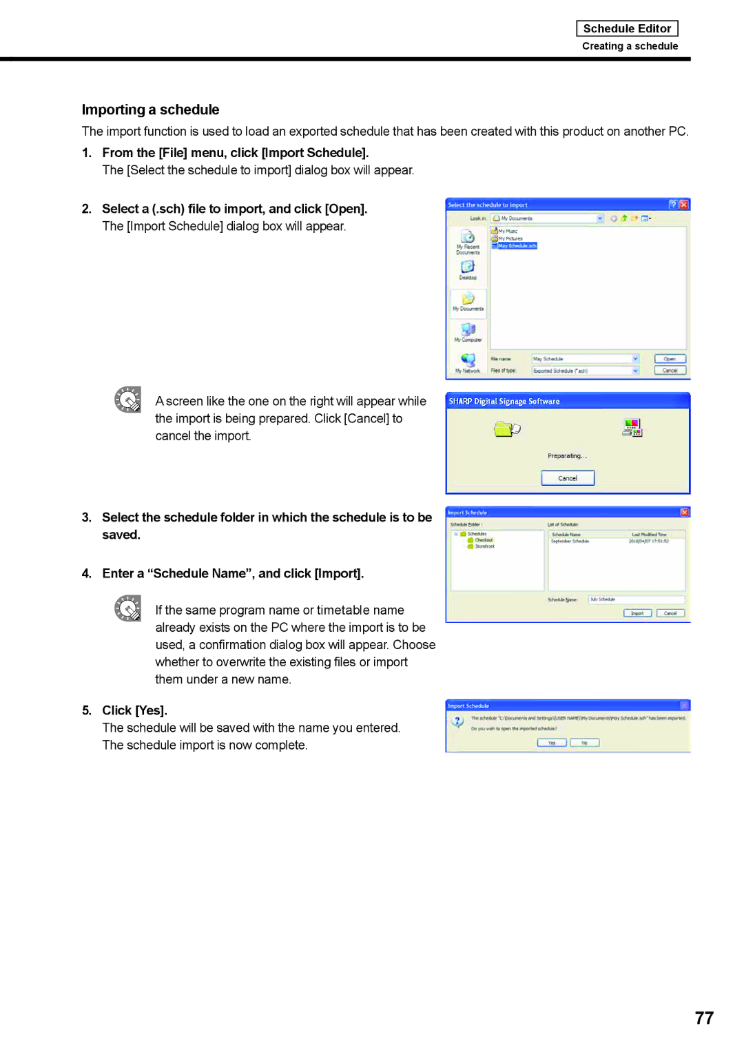 Sharp PNSV01 operation manual Importing a schedule, From the File menu, click Import Schedule 