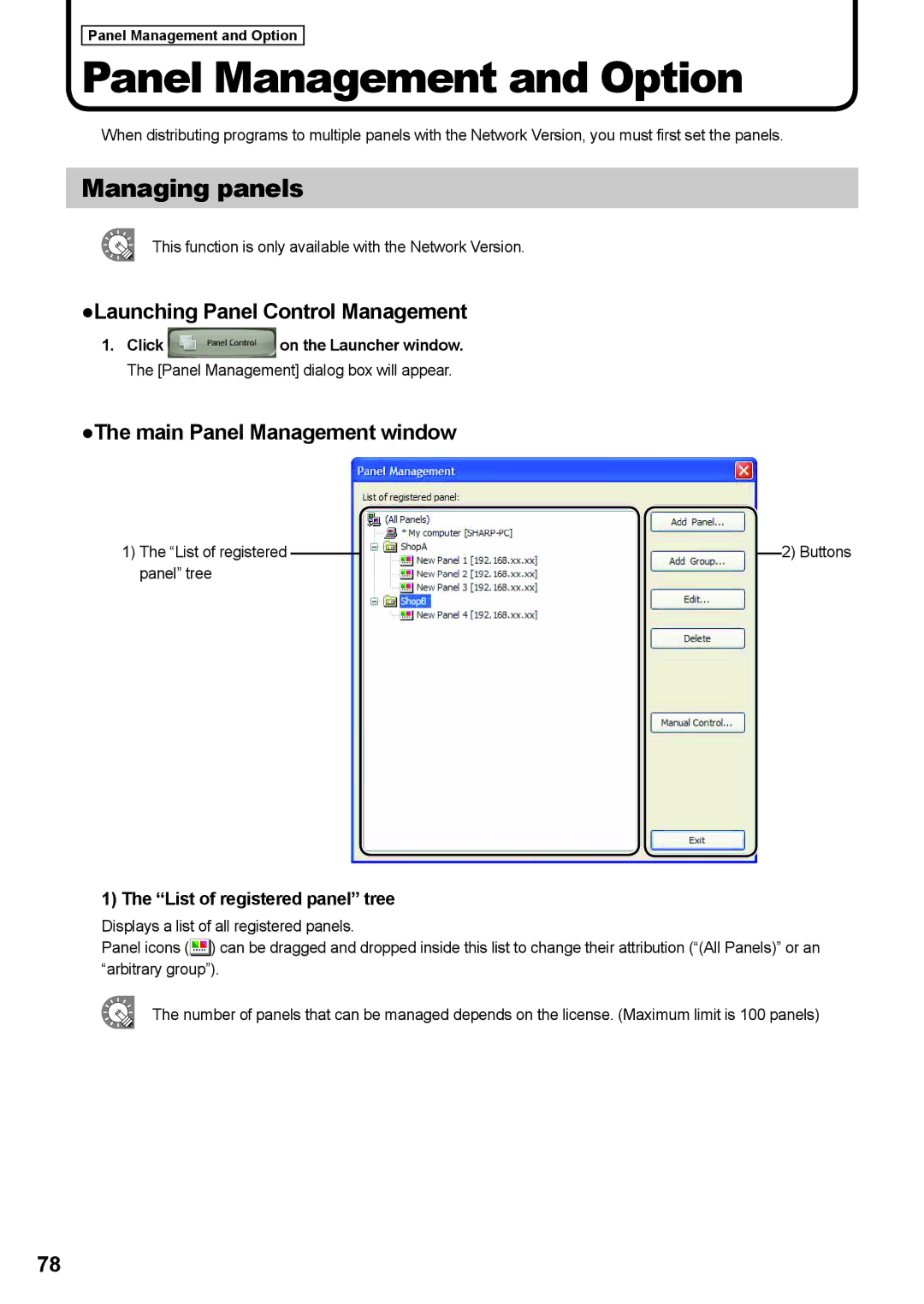 Sharp PNSV01 operation manual Panel Management and Option, Managing panels, Launching Panel Control Management 