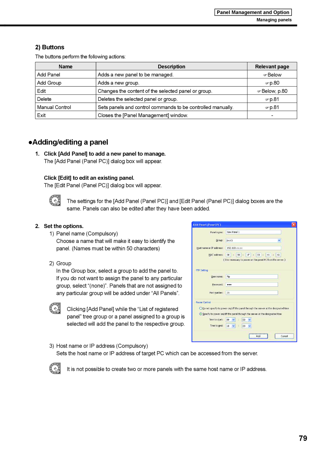 Sharp PNSV01 operation manual Adding/editing a panel, Buttons, Click Edit to edit an existing panel, Set the options 