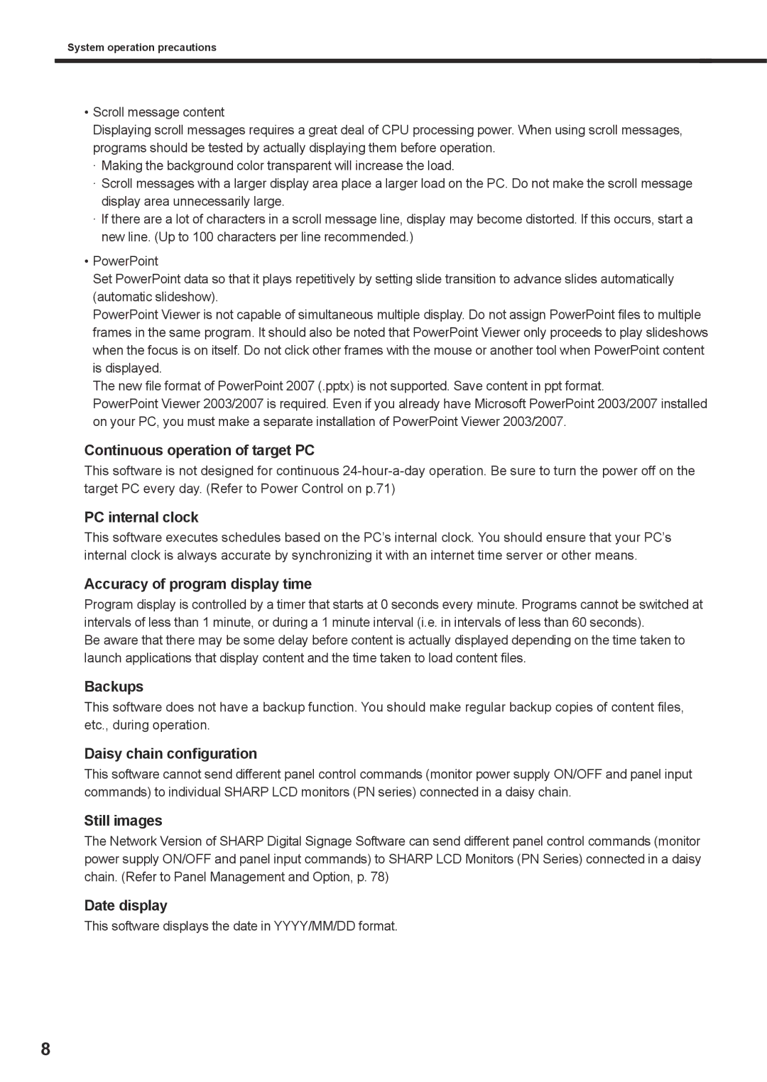 Sharp PNSV01 Continuous operation of target PC, PC internal clock, Accuracy of program display time, Backups, Still images 