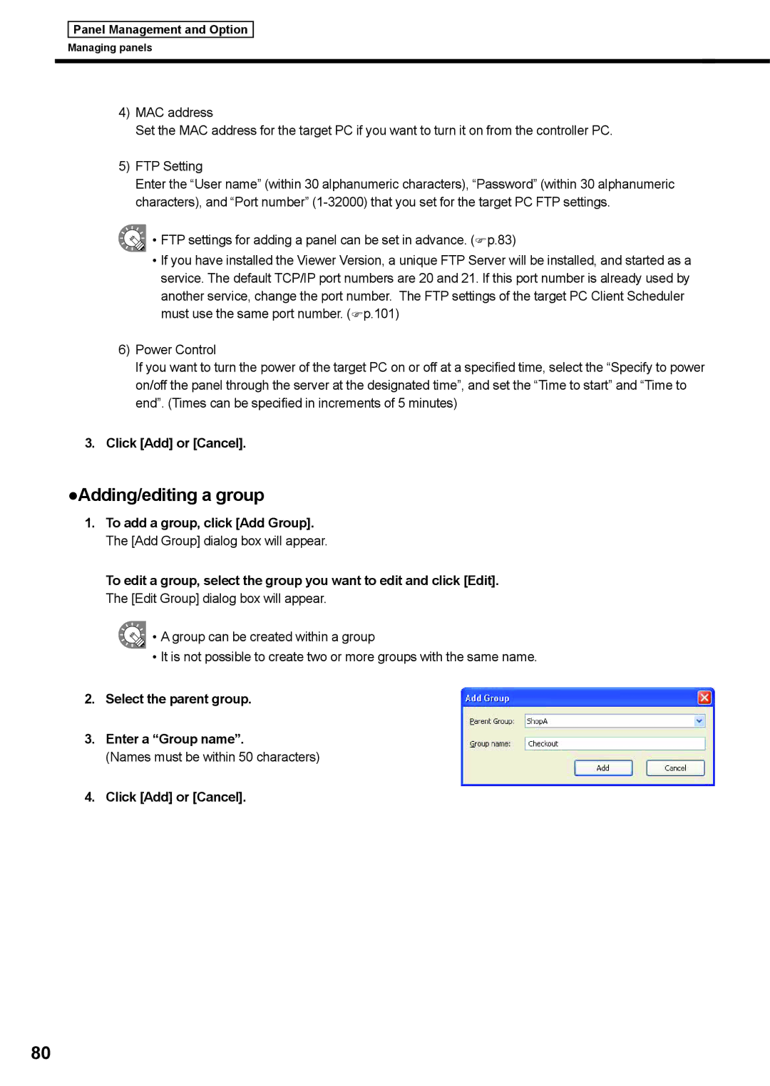 Sharp PNSV01 operation manual Adding/editing a group, Click Add or Cancel, Select the parent group Enter a Group name 