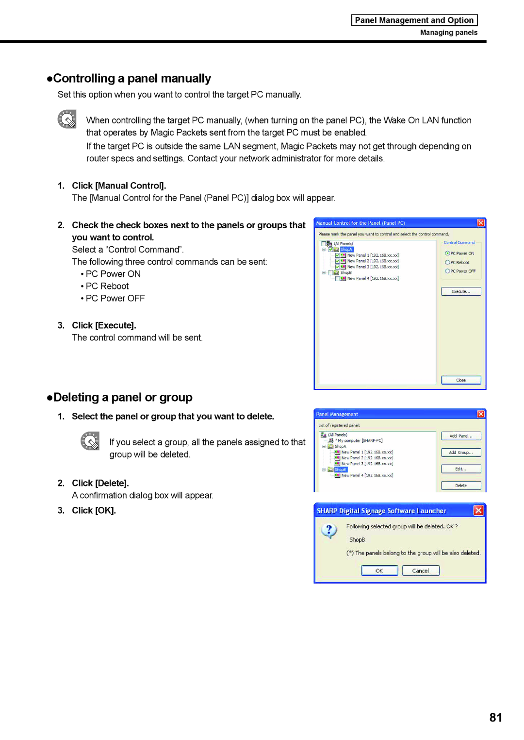 Sharp PNSV01 operation manual Controlling a panel manually, Deleting a panel or group 