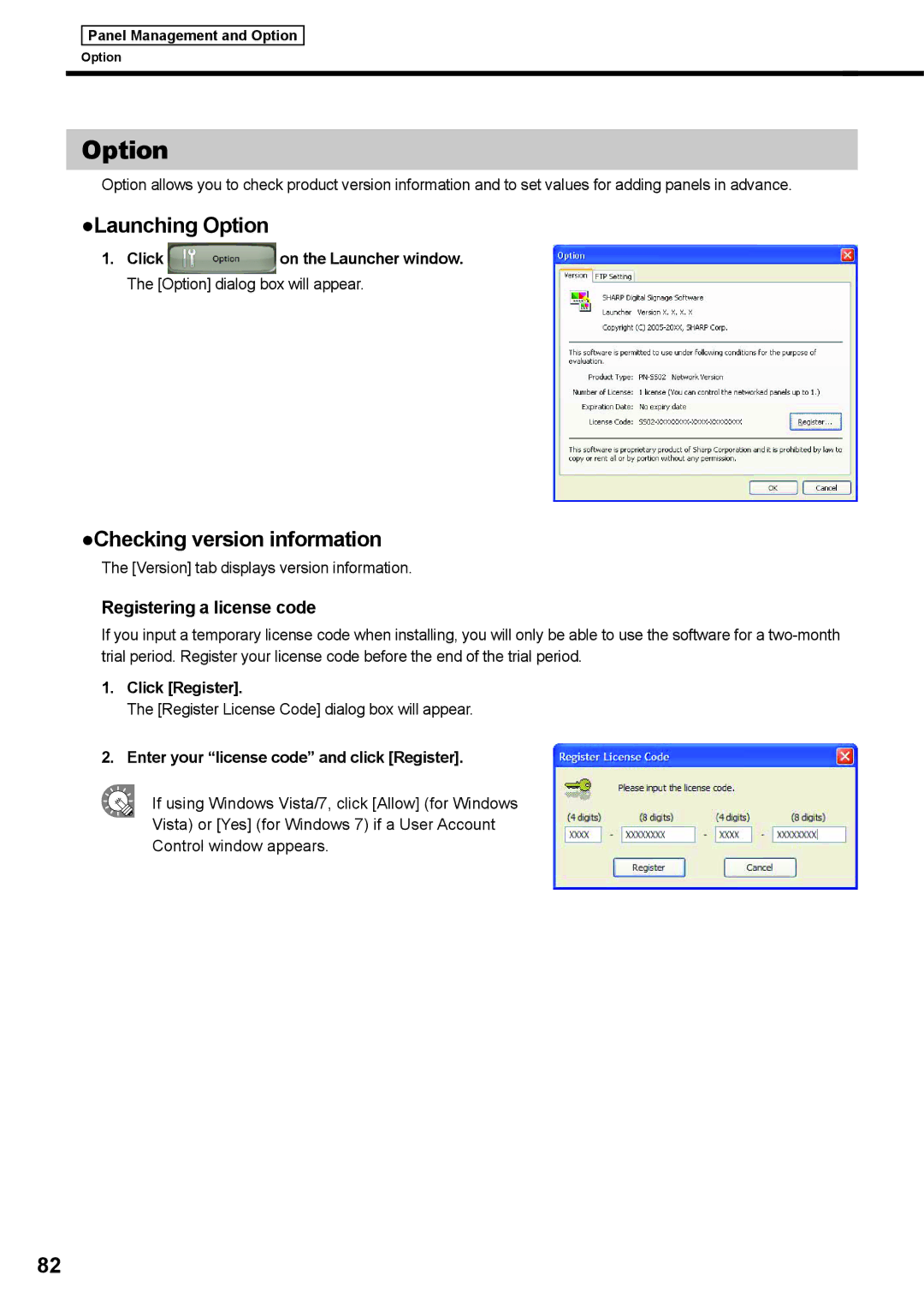 Sharp PNSV01 operation manual Launching Option, Checking version information, Registering a license code 