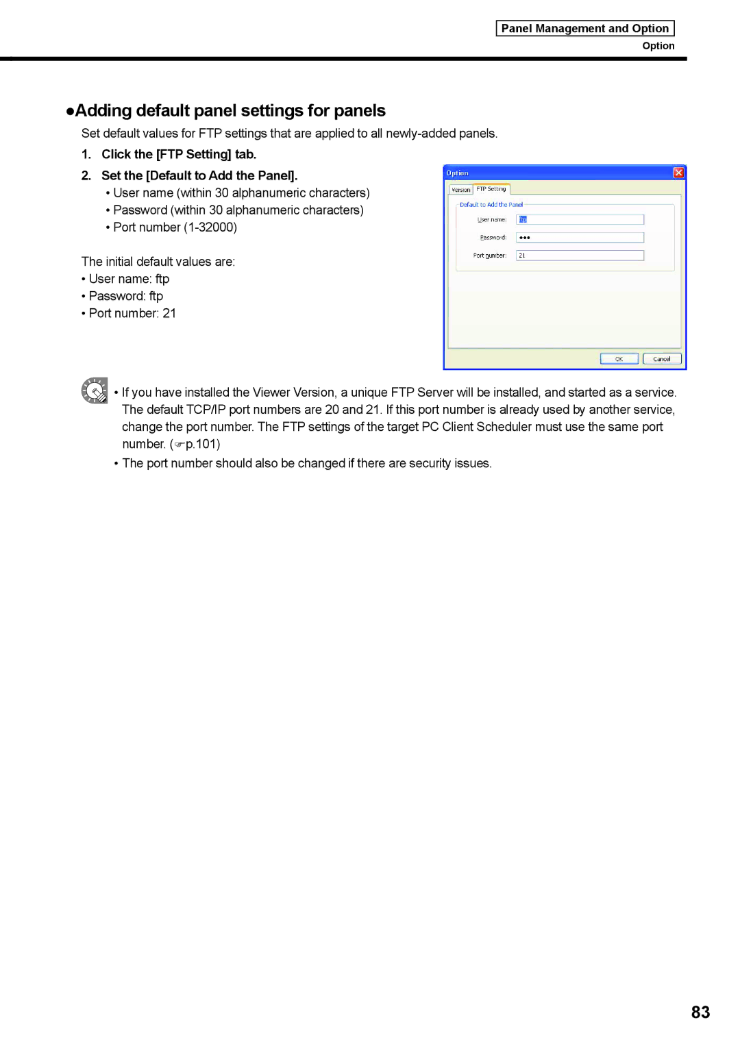 Sharp PNSV01 Adding default panel settings for panels, Click the FTP Setting tab Set the Default to Add the Panel 