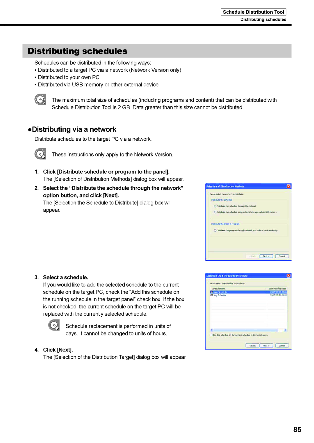 Sharp PNSV01 Distributing schedules, Distributing via a network, Click Distribute schedule or program to the panel 