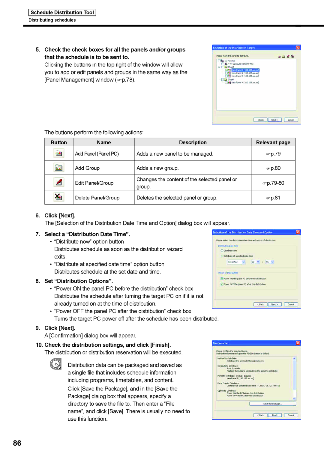 Sharp PNSV01 operation manual Select a Distribution Date Time, Set Distribution Options, Button Name Description Relevant 