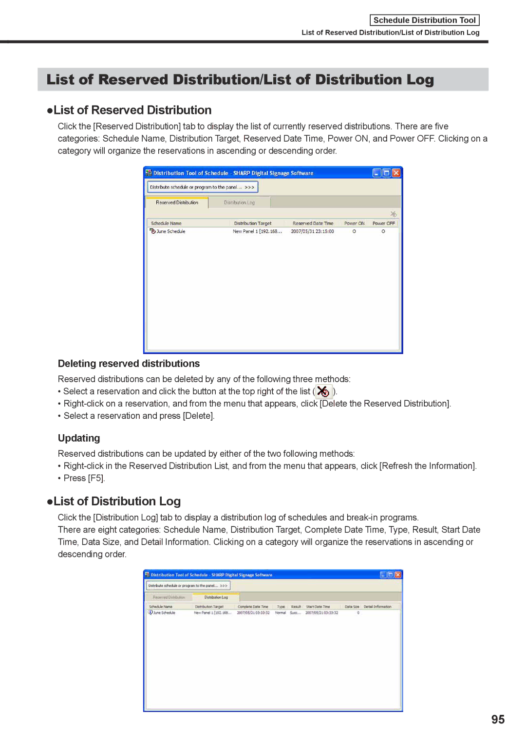 Sharp PNSV01 List of Reserved Distribution/List of Distribution Log, Deleting reserved distributions, Updating 