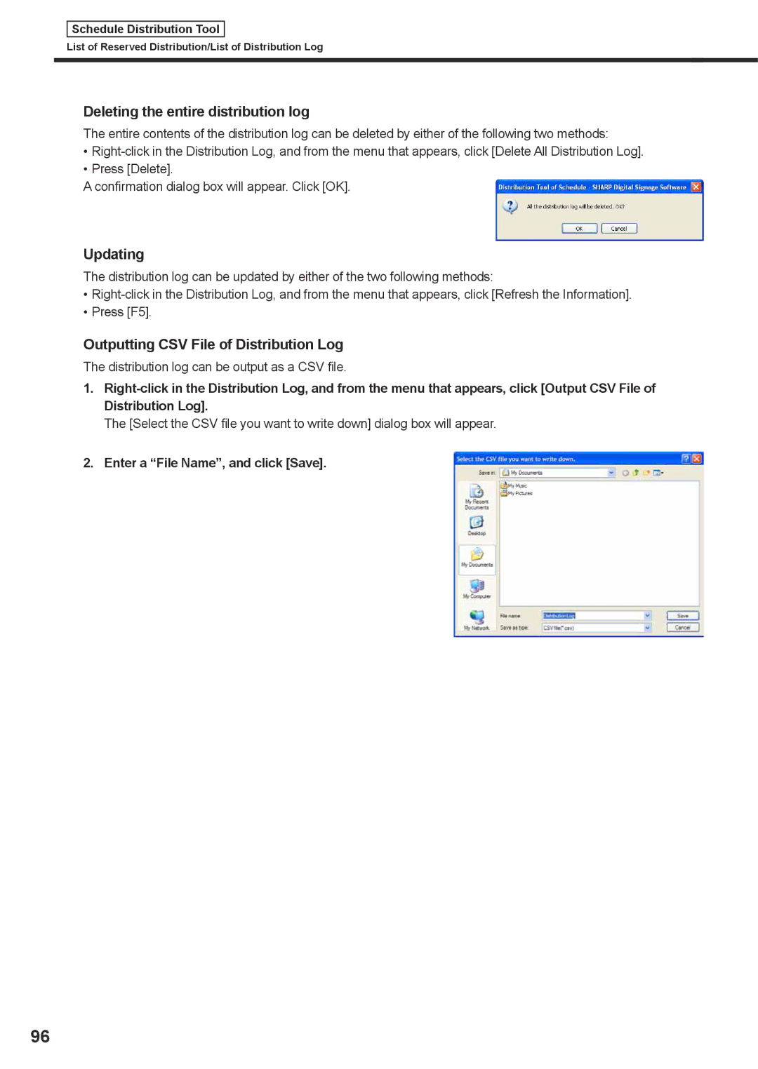 Sharp PNSV01 operation manual Deleting the entire distribution log, Outputting CSV File of Distribution Log 