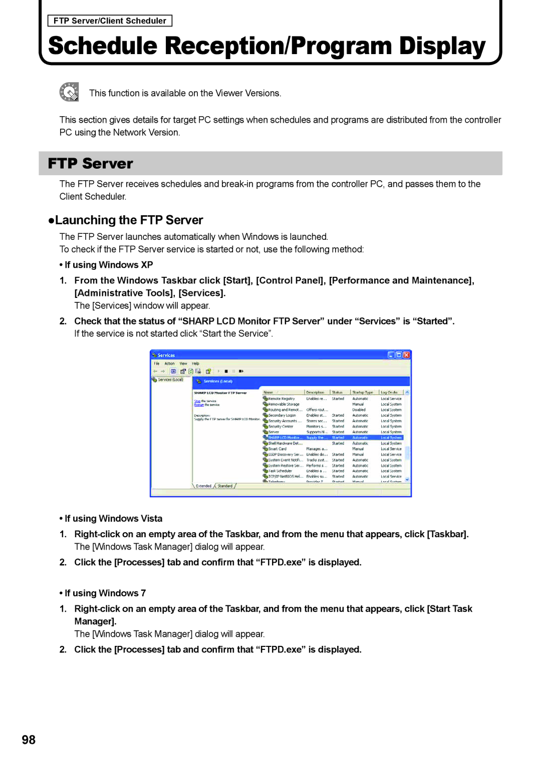 Sharp PNSV01 Launching the FTP Server, Services window will appear, Windows Task Manager dialog will appear 