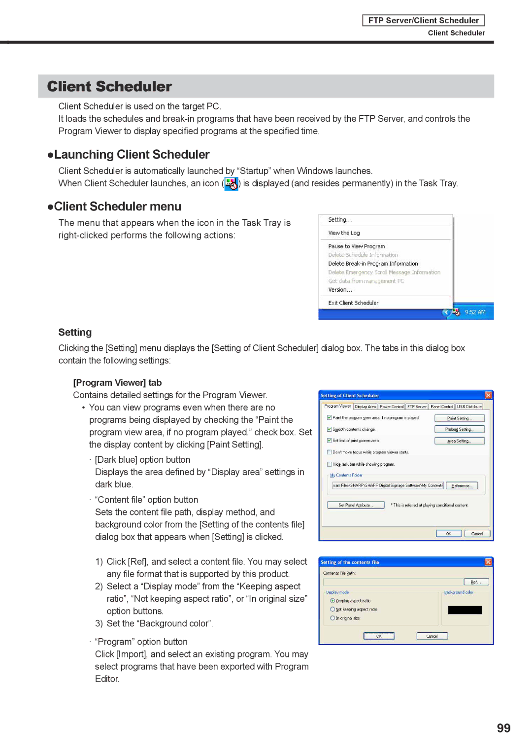 Sharp PNSV01 operation manual Launching Client Scheduler, Client Scheduler menu, Setting, Program Viewer tab 