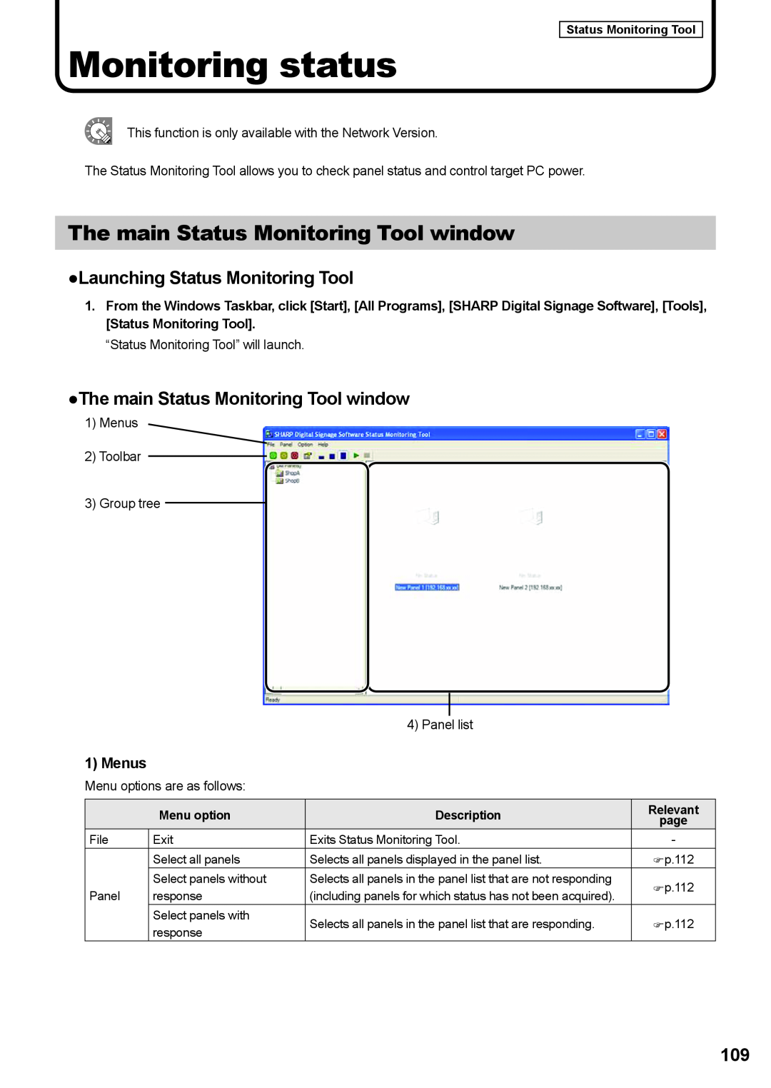 Sharp PNSV01 Monitoring status, The main Status Monitoring Tool window, Launching Status Monitoring Tool, Menus, Relevant 